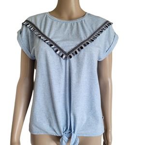 Lucky Brand Girls Cuffed Tie Front Fringe Top Blue Short Sleeve Size XL